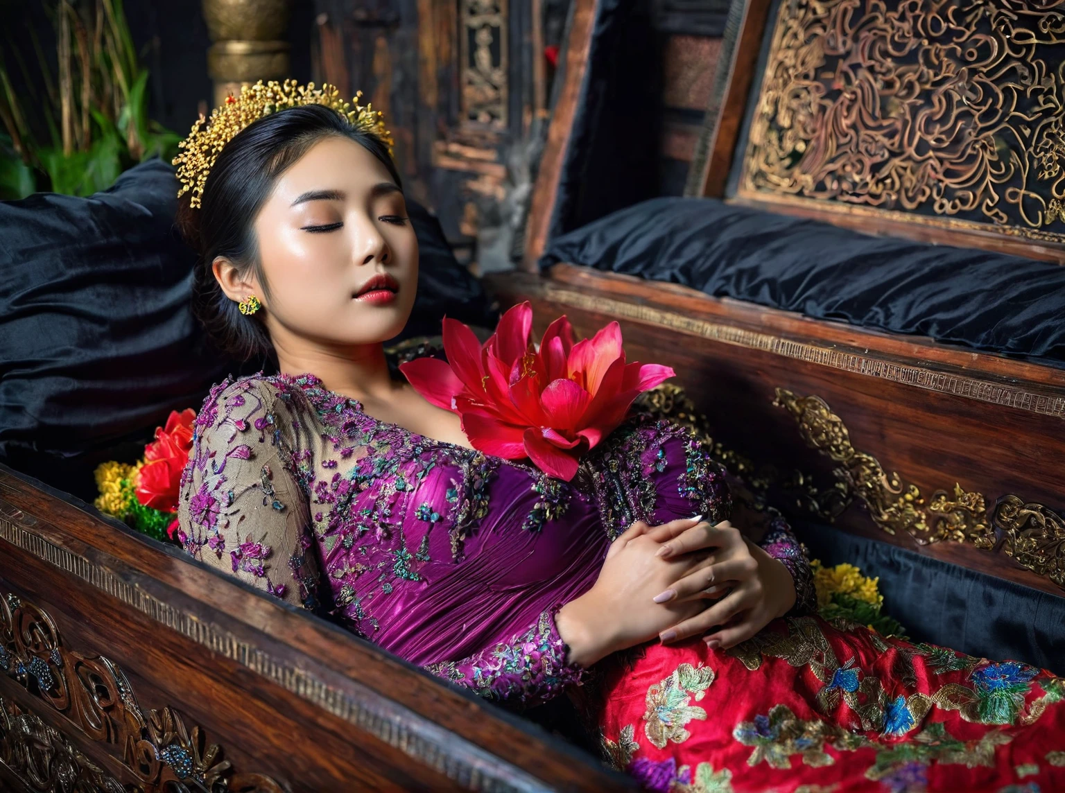 In a striking 8K HDR scene, a stunning Korean woman, 22 years old, lies peacefully in a black coffin surrounded by plush pillows. The deep box is set against a rich black background, accentuating the beauty of the subject. Her exquisite deep-V neckline kebaya attire is embroidered with superb detail, showcasing her round and firm breasts, perfect cleavage, and beautiful eyebrows. Her closed eyes and mouth give an air of serenity, while her visible and absolute cleavage leave nothing to imagination. The scene is bathed in saturated colors, highlighting every intricate aspect from the ball skirt to her clean face, straight body, detailed hand perfect hands, straight body, own hands together, own hand on stomach, detailed hands, perfect hands.