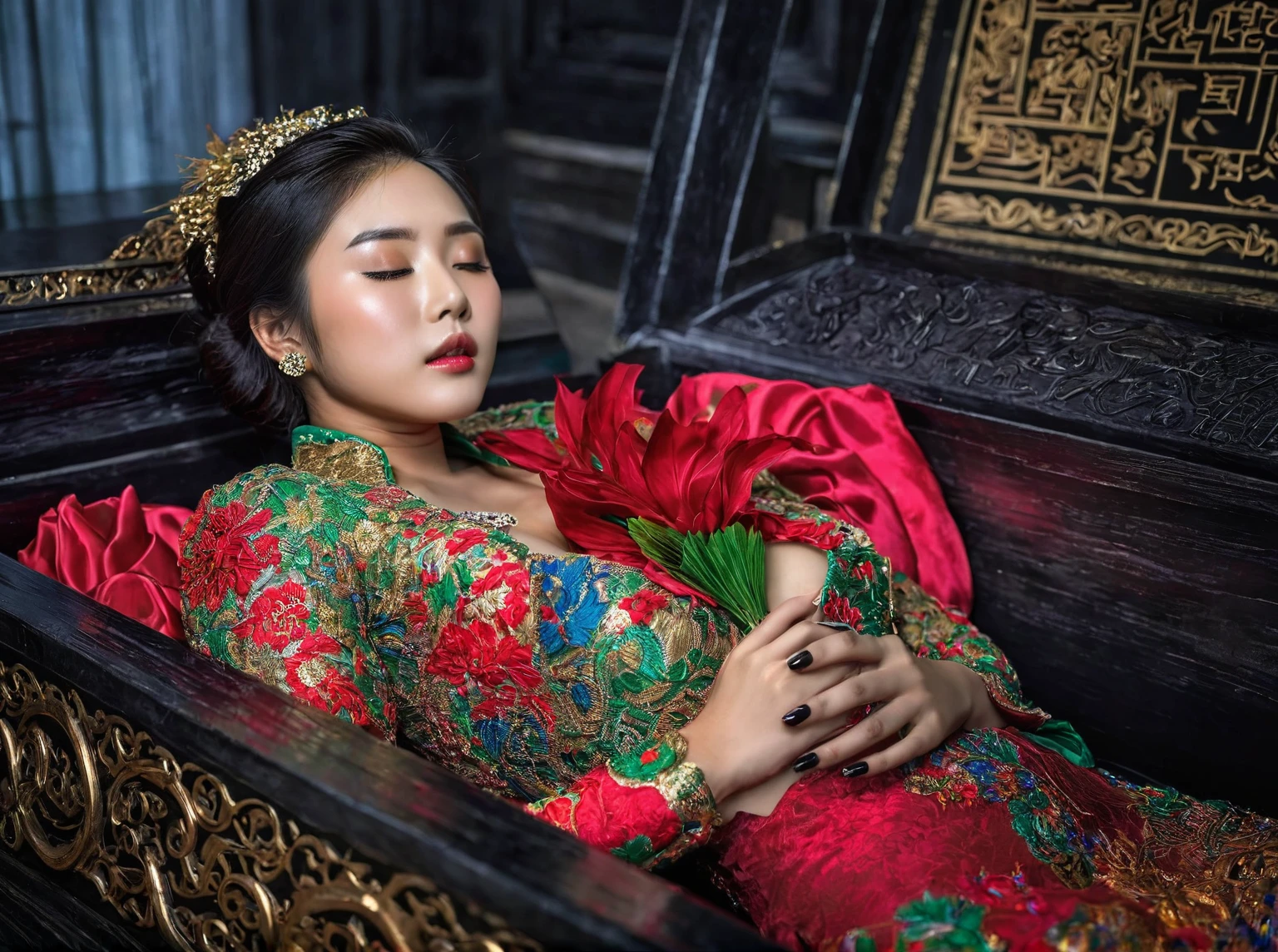 In a striking 8K HDR scene, a stunning Korean woman, 22 years old, lies peacefully in a black coffin surrounded by plush pillows. The deep box is set against a rich black background, accentuating the beauty of the subject. Her exquisite deep-V neckline kebaya attire is embroidered with superb detail, showcasing her round and firm breasts, perfect cleavage, and beautiful eyebrows. Her closed eyes and mouth give an air of serenity, while her visible and absolute cleavage leave nothing to imagination. The scene is bathed in saturated colors, highlighting every intricate aspect from the ball skirt to her clean face, straight body, detailed hand perfect hands, straight body, own hands together, own hand on stomach, detailed hands, perfect hands.