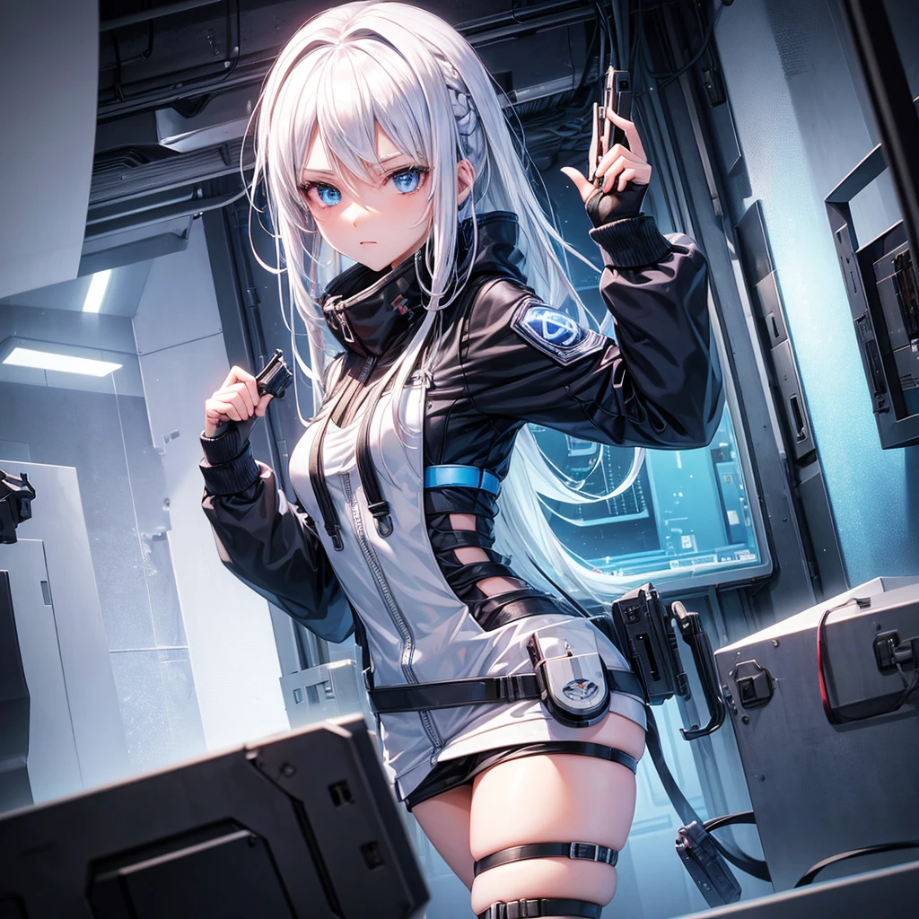 a very pretty girl, hacker, infiltration mask, pretty blue eyes, white hair, gun in hand, server room, ultra realistic anime style, HDR, 12k
