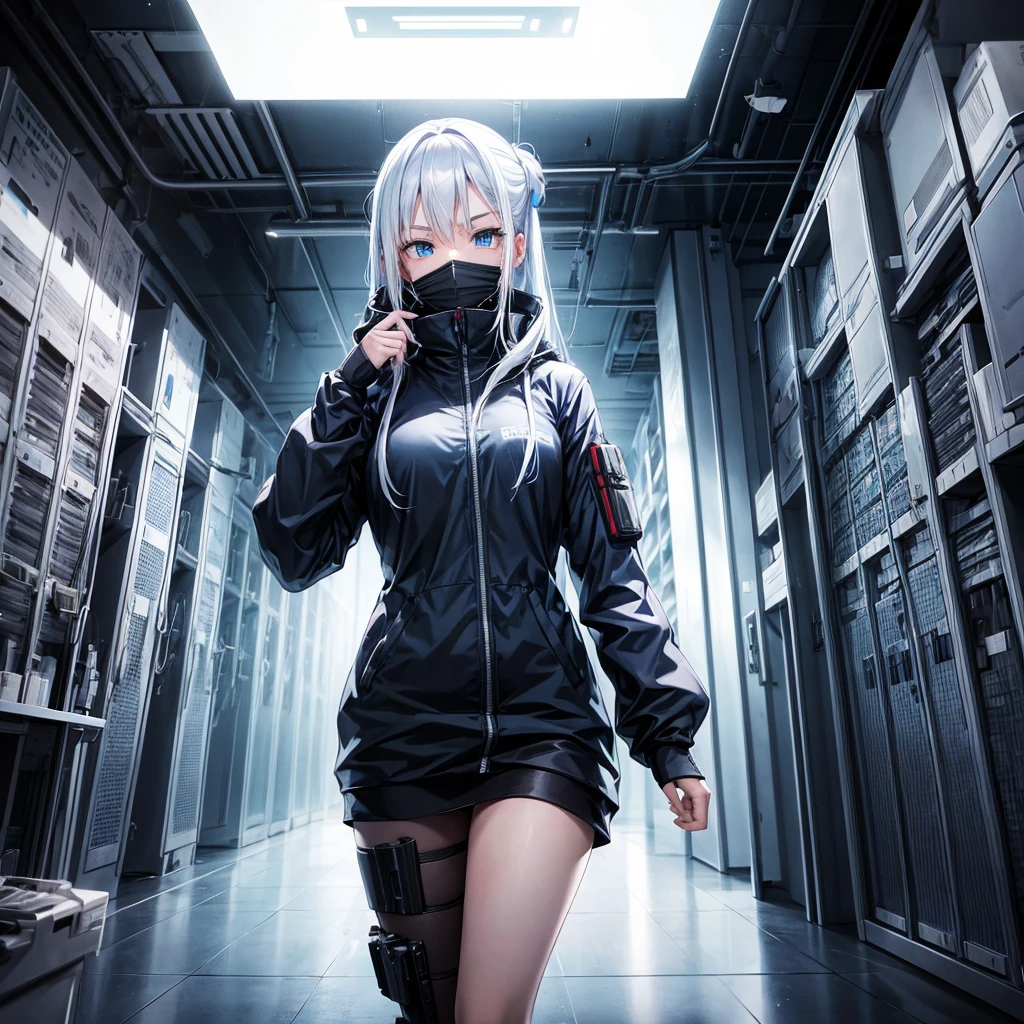 a very pretty girl, hacker, infiltration mask, pretty blue eyes, white hair, gun in hand, server room, ultra realistic anime style, HDR, 12k
