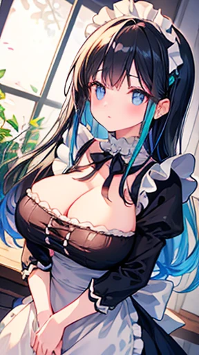 Super detailed, Vibrant colors, Soft natural light, Fine art, Bokeh effect. Upper Body, Frilled maid costume, Dutch Angle,Big Breasts、Long black hair