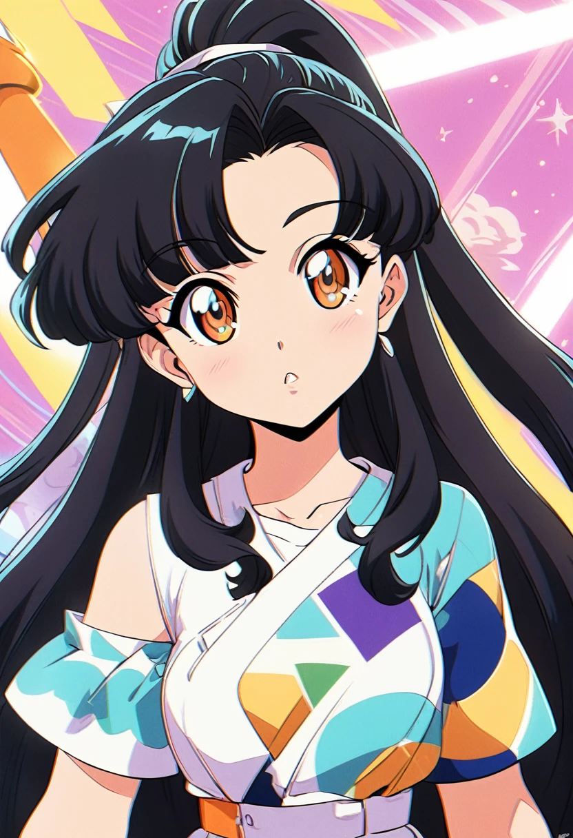peony \(幽☆遊☆白書\), 1990s \(style\), One Girl, Black Hair,  Long Hair, View your audience, ponytail, retro artstyle, Independent，Orange eyes，