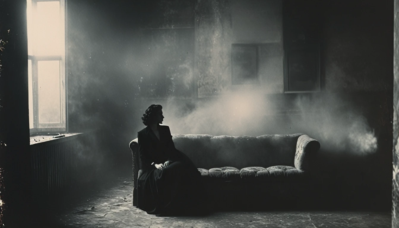 35mm vintage photo of photography, dimly lit room with a hazy atmosphere, capturing a female figure lounging on a deep crimson color rustic couch, wearing a black suit and white shirt with loose blue tie, arm resting on hers bent knee, hand holds a glowing cigarette, creating a trail of hazy smoke that wafts around her, illuminated by a beam of light from an unseen source off-camera, light filters through the deep smoke, casting dynamic patterns and giving the scene a moody, dark atmosphere, cinematic quality resolution, air of contemplation in hers posture and the ambient glow contributes to the intimate and introspective mood of the portrait, high contrast --ar 9:16 --style raw --s 400