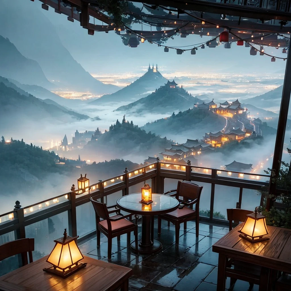 There is a table and chairs on a terrace overlooking a mountain, rainy day outside, Café in the clouds, nice place, Rainy outside, dreamy Chinese city, rainy scene, chinese village, foggy and rainy, epic and breathtaking, Fog and rain, Unbelievably pretty, Fantasy setting, beautiful and aesthetic, at evening during rain, Magical surroundings, atmospheric Fantasy setting