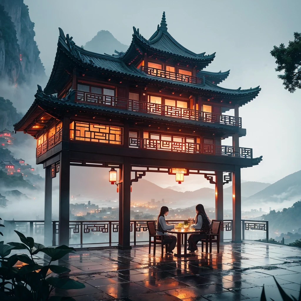 There is a table and chairs on a terrace overlooking a mountain, rainy day outside, Café in the clouds, nice place, Rainy outside, dreamy Chinese city, rainy scene, chinese village, foggy and rainy, epic and breathtaking, Fog and rain, Unbelievably pretty, Fantasy setting, beautiful and aesthetic, at evening during rain, Magical surroundings, atmospheric Fantasy setting