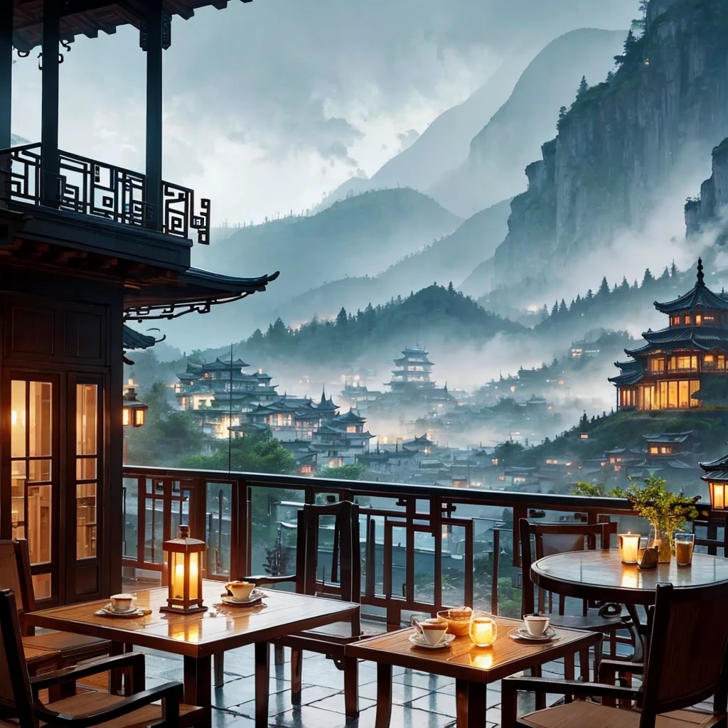There is a table and chairs on a terrace overlooking a mountain, rainy day outside, Café in the clouds, nice place, Rainy outside, dreamy Chinese city, rainy scene, chinese village, foggy and rainy, epic and breathtaking, Fog and rain, Unbelievably pretty, Fantasy setting, beautiful and aesthetic, at evening during rain, Magical surroundings, atmospheric Fantasy setting