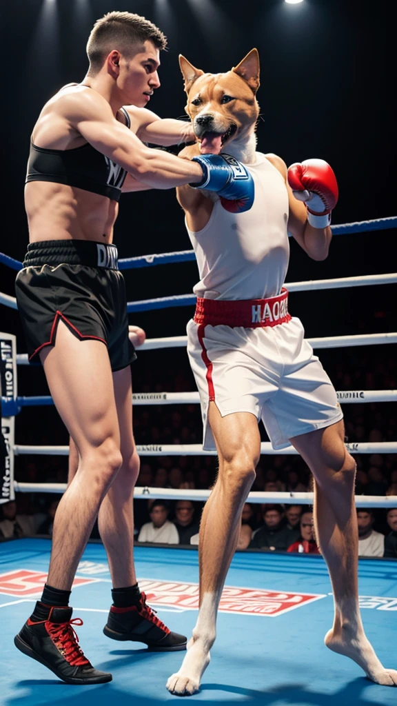 Make an image of Two animals one dog and one cat standing in boxing ring like human