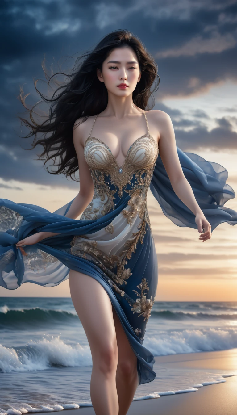 ((Masterpieces with up to 16K resolution:1.6)),Highest quality,it is really amazing,Very detailed,Ultra-high resolution,((Real:1.5)),((Realistic:1.5)),Increased depth of field,((Cinematic Light Effects:1.5)),
Elegant mature woman,Walking on the beach,
Long black hair,((Ultra-detailed and beautiful faces:1.5)),Translucent white skin,Very detailedな肌の質感,Great proportions,Anatomically correct body,
elegant beach dress,Artistic design,Beautiful and detailed pattern,Luxurious jewellery decoration,Detailed fabric texture,
Coastal landscape at dusk,Dark clouds and dark sky,delay々Continuing sandy beach, Deserted Beach,Dark sea surface,
((Dramatic Angle:1.6)),
