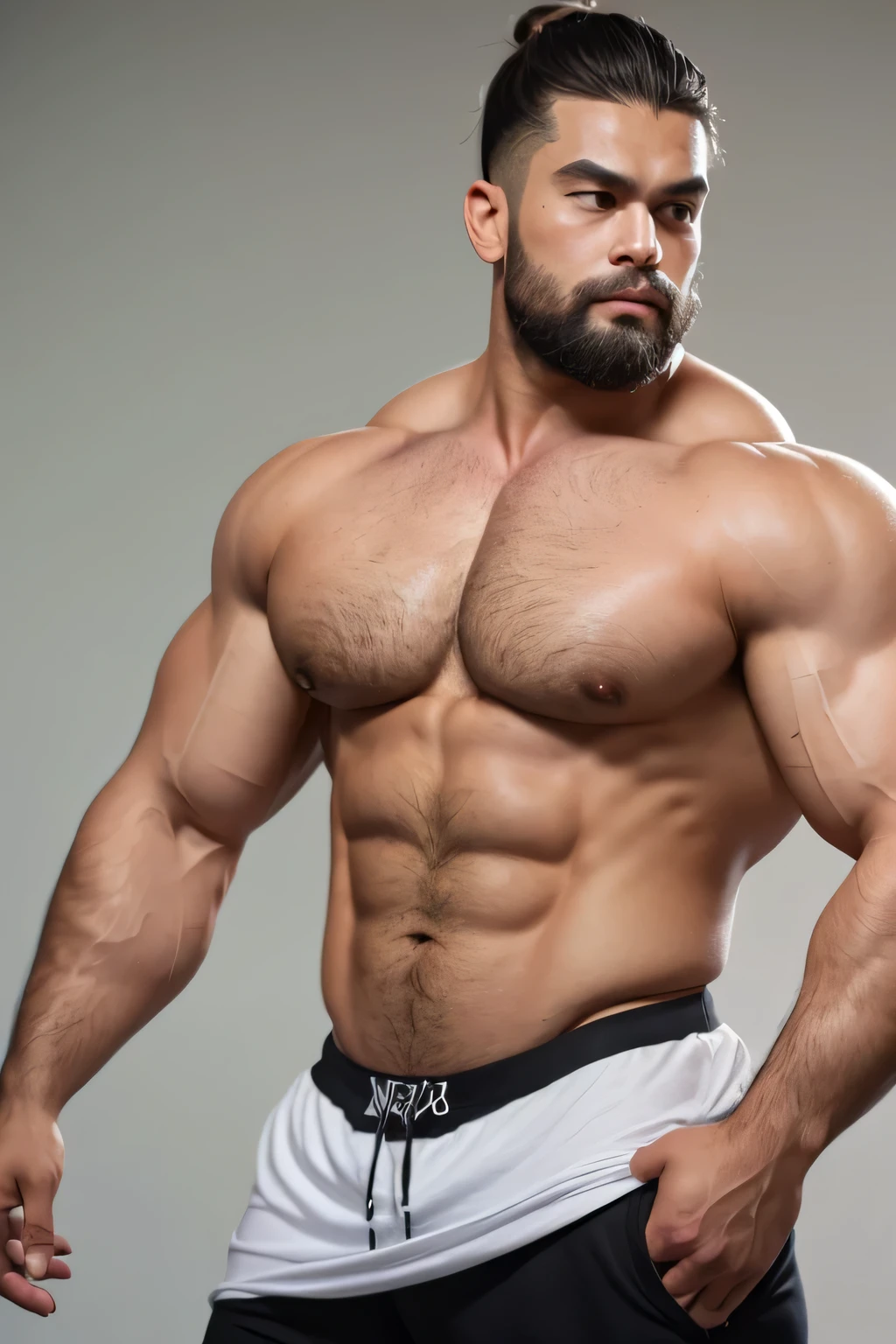 Man, thickest and biggest body than a bodybuilder, large well-developed broad back, broad shoulders, 230 cm tall, pumped-up muscles, dark tanned skin, man bun, fine eyebrows, neat face, short round beard, developed neck and shoulder muscles, thick chest plate and cracked abs,