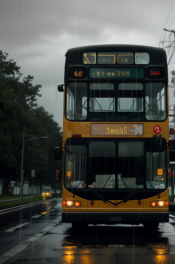 A bus on a deserted road in the rain