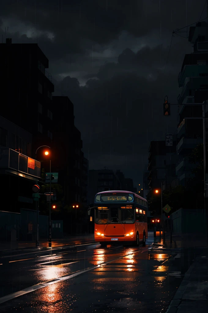 A bus on a deserted road in the rain