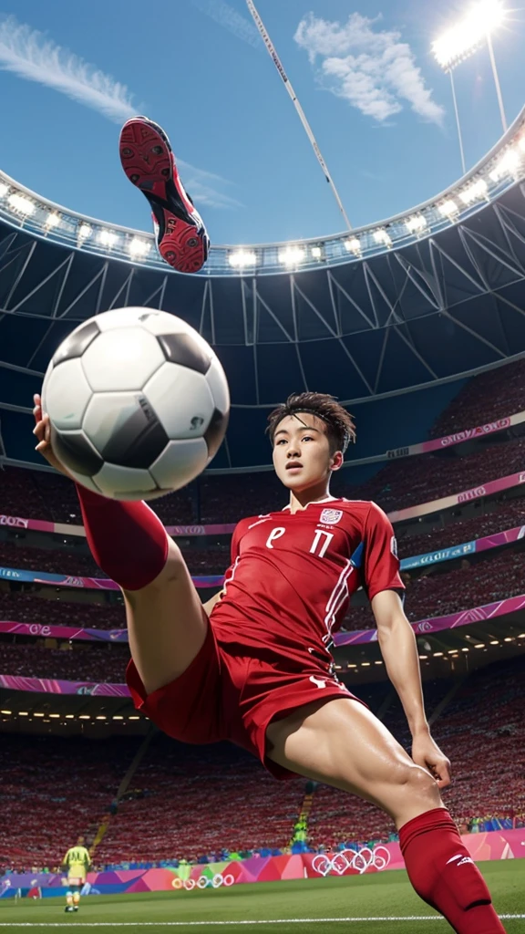 A soccer player is scoring a goal on the Olympic stage。