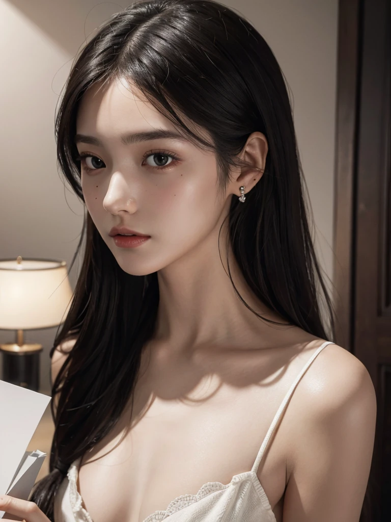absurdres, RAW photo, extremely delicate and beautiful, masterpiece, Best Quality, ultra high resolution, 32k, hyperrealistic, ultra-detailed, perfect figure, Perfect Style, Perfect balance, in her 20s, very small head, very small face, delicate facial features, tearful mole, earring, (very huge breasts), bare legs, full body shot, medium hair, black hair, bare shoulder, shorts,
