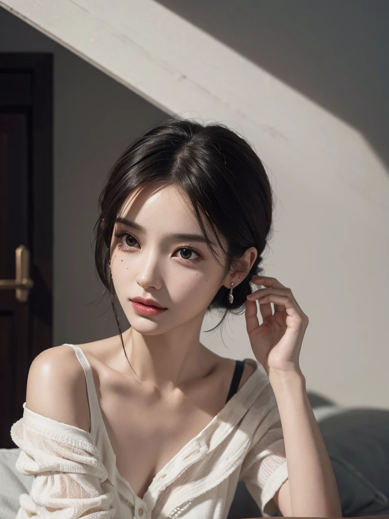 absurdres, RAW photo, extremely delicate and beautiful, masterpiece, Best Quality, ultra high resolution, 32k, hyperrealistic, ultra-detailed, perfect figure, Perfect Style, Perfect balance, in her 20s, very small head, very small face, delicate facial features, tearful mole, earring, (very huge breasts), bare legs, full body shot, medium hair, black hair, bare shoulder, shorts,