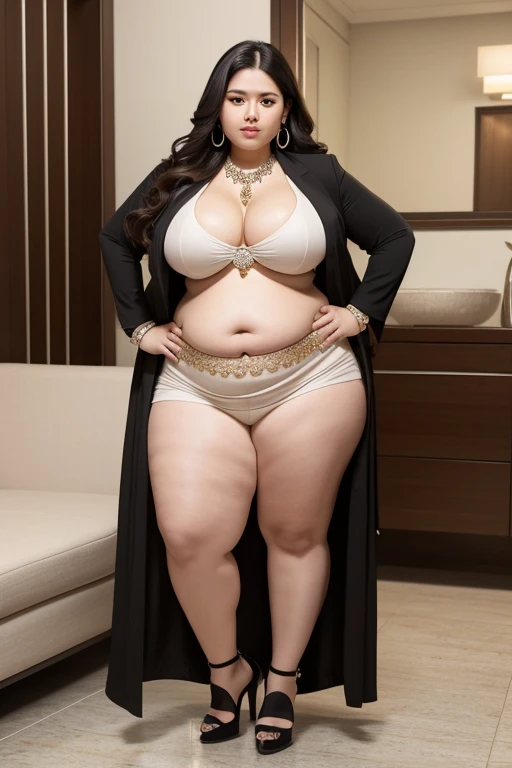 130kg, morbidly obese woman, abdominal obesity, fat belly, large belly, protruding belly, big belly, convex belly, abdominal exposure, exposed navel, mini skirt, high heel, earring, necklace, bracelet, Outer eyelid