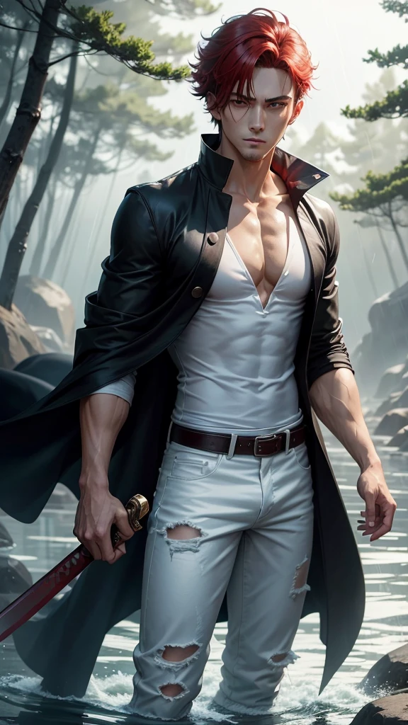 a dashing male anime character with a thin, handsome face, charismatic "shanks" in the "one pice" series wearing a white shirt, short black jeans, and holding a pirate katana, and a black robe, short red hair, with resolution HD, 4k anime with forest background and water, falling rain.