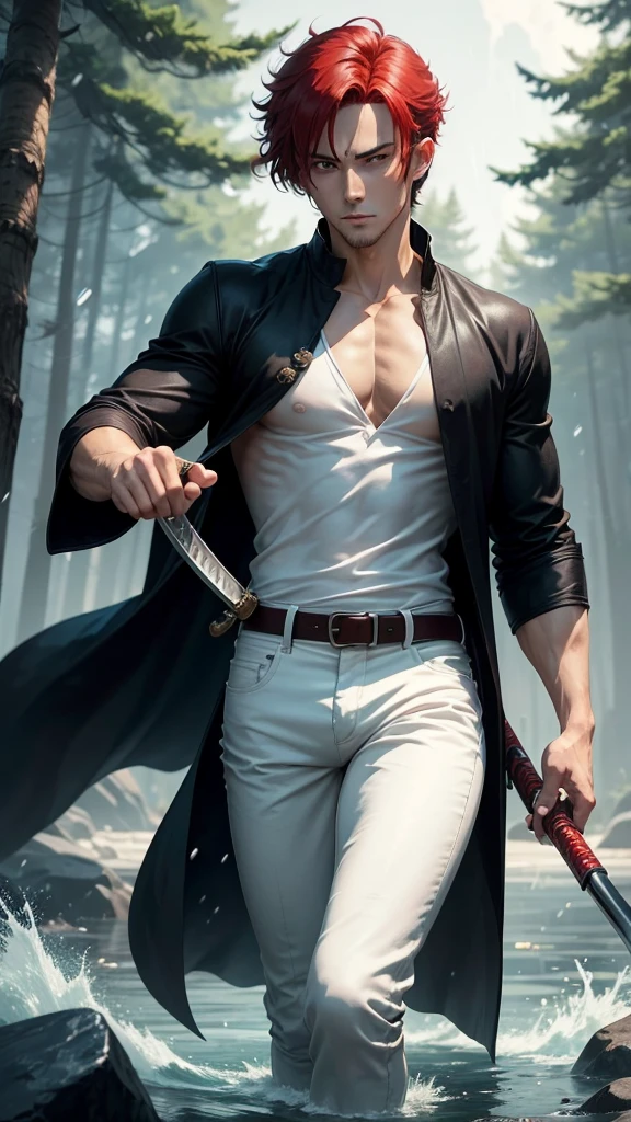 a dashing male anime character with a thin, handsome face, charismatic "shanks" in the "one pice" series wearing a white shirt, short black jeans, and holding a pirate katana, and a black robe, short red hair, with resolution HD, 4k anime with forest background and water, falling rain.
