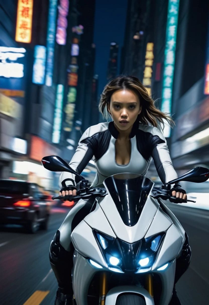 jessica alba wearing a skin tight ghost in the shell body suit riding an akira motorcycle, perspective, from behind, from above, vanishing point, racing down a motorway at night, crouched in a moto racing position, dynamic background, night city, riding really really fast, weaving between traffic
