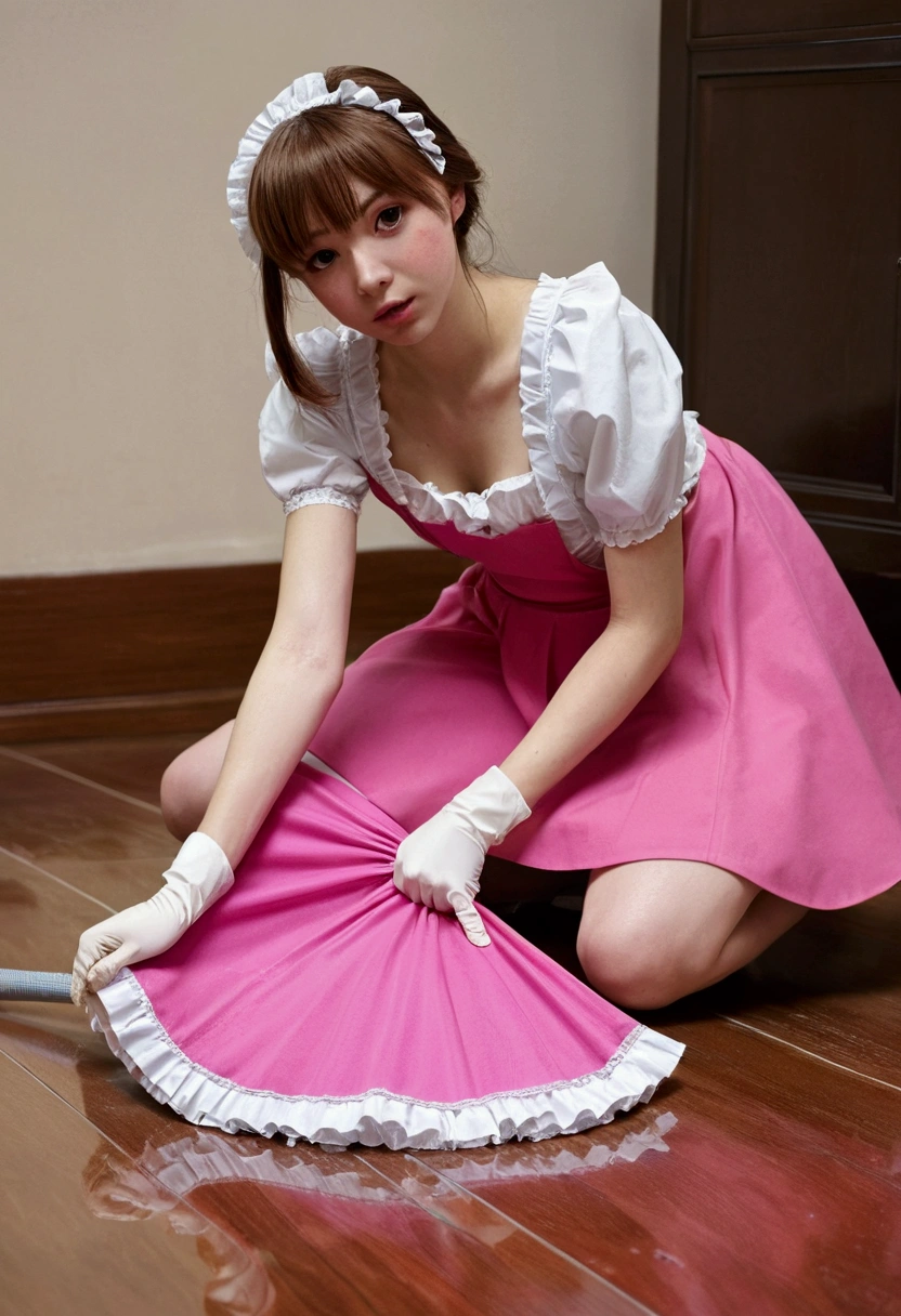 spider girl, With pink skirt, White skin, provocative, pose in 4, cleaning the floor, maid