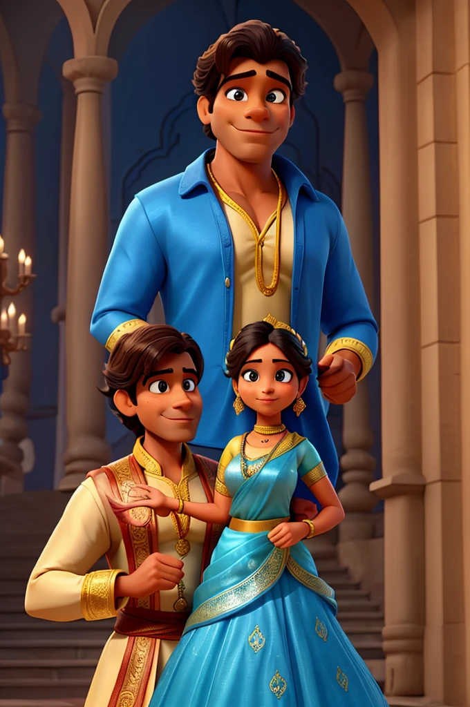 A zoomed out view of indian man and woman during wedding in the style of beauty and the beast. The man wears blue traditional indian clothes. The woman wears a yellow saree. the man is on the left and woman is on the right. They are doing the "beauty and the beast" pose