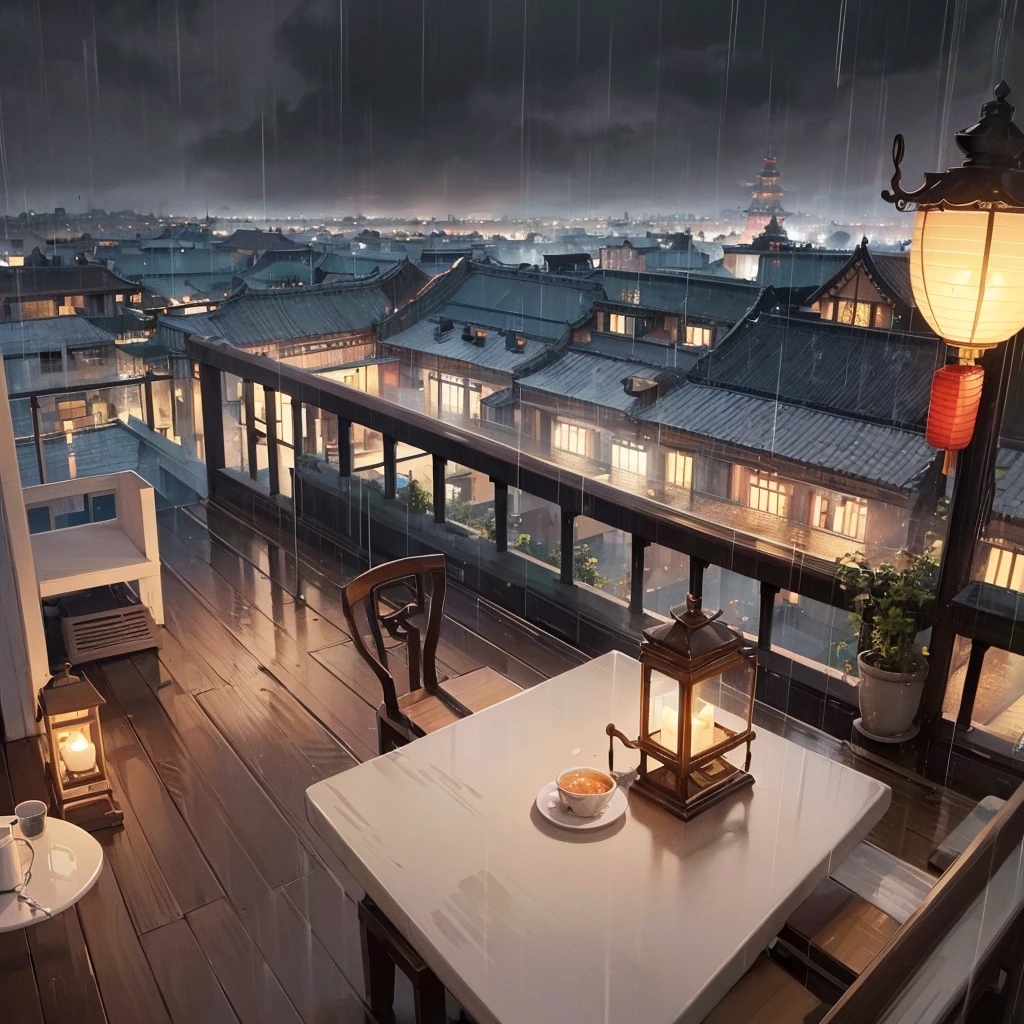 There is a table and chairs on a terrace overlooking a mountain, rainy day outside, Café in the clouds, nice place, Rainy outside, dreamy Chinese city, rainy scene, chinese village, foggy and rainy, epic and breathtaking, Fog and rain, Unbelievably pretty, Fantasy setting, beautiful and aesthetic, at evening during rain, Magical surroundings, atmospheric Fantasy setting