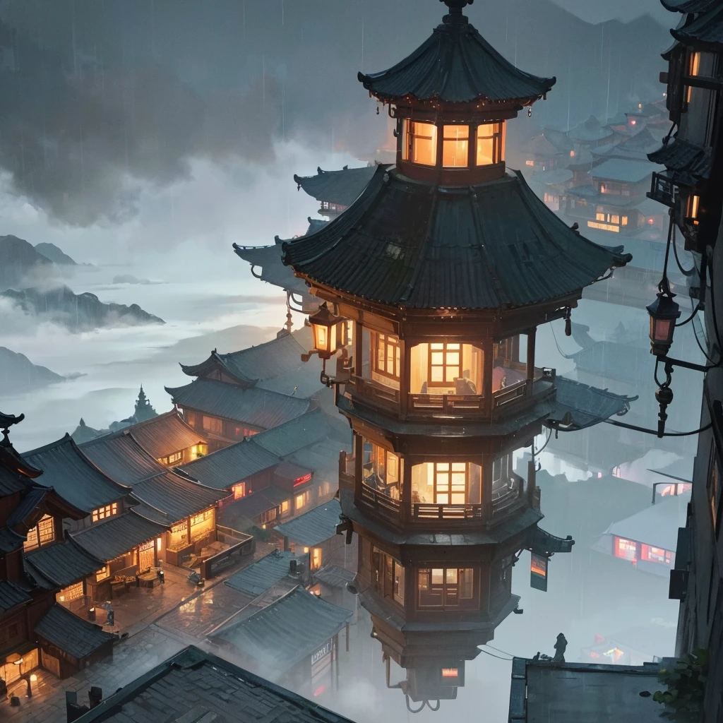There is a table and chairs on a terrace overlooking a mountain, rainy day outside, Café in the clouds, nice place, Rainy outside, dreamy Chinese city, rainy scene, chinese village, foggy and rainy, epic and breathtaking, Fog and rain, Unbelievably pretty, Fantasy setting, beautiful and aesthetic, at evening during rain, Magical surroundings, atmospheric Fantasy setting