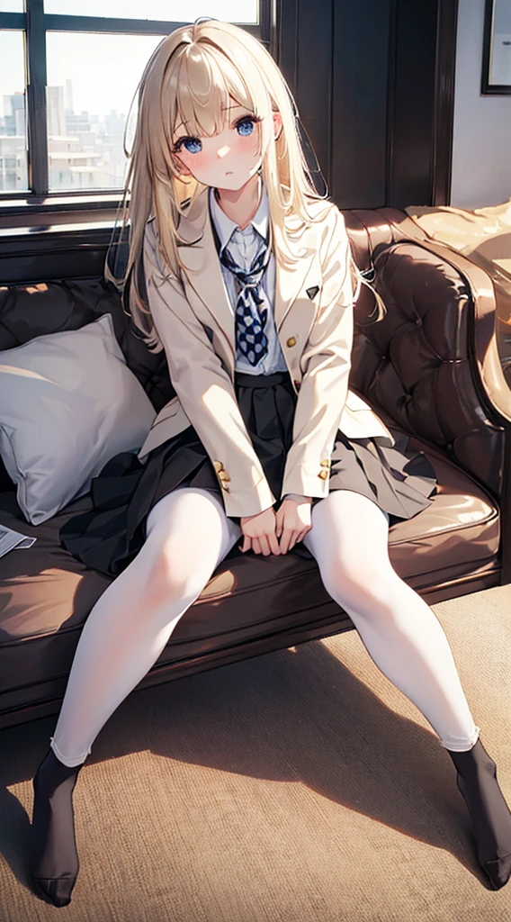 Top quality, masterpiece, High resolution, (Head to toe full body), front, frontやや下からの構図, Symmetric, Tall 18 year old girl, alone, (Head to toe), (Small breasts), bangs, (black tights), (Black Pantyhose), (Sit with your legs apart), (Crouching pose), (A composition showing white panties), (Her legs were spread、I see your white pants.), (I was made to sit on the floor with my legs spread..), (M-shaped legs), Thin legs, A very beautiful and tall 18 year old girl, (No shoes), blush, Shy big eyes, looking at the camera, Blazer Uniform, Checkered Pleated Skirt