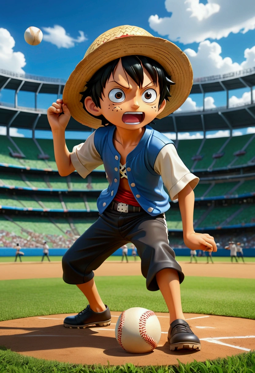 ONE PIECE（one piece）Monki D. Lufy as a baseball pitcher, One wears a straw hat、black hair、Little boy with a determined expression，Pitching on a baseball field，Anime style、Dynamic action poses、Vibrant colors、High Detail、8K、Clear focus、3D Rendering、dynamic motion blur、Dramatic shadows、Atmospheric background、Blue sky and white clouds、Lush green grass field、Stadium in the background