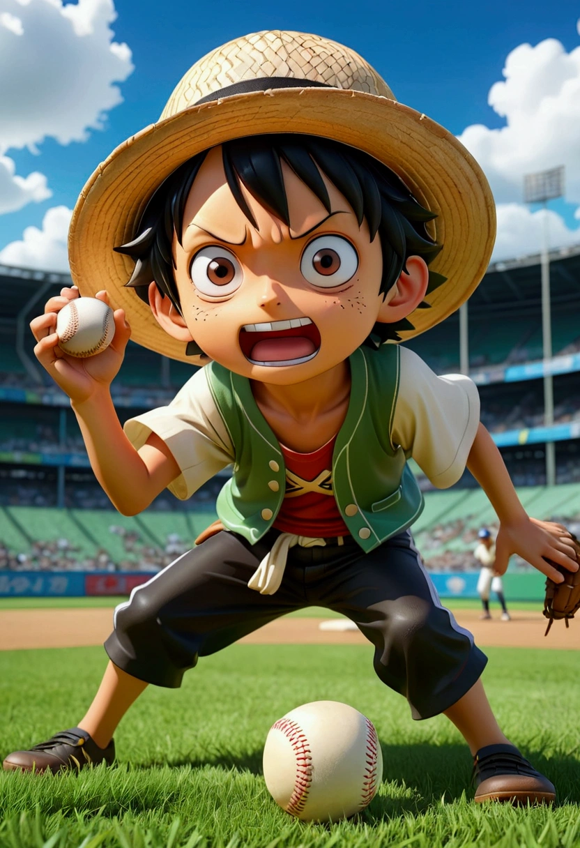 ONE PIECE（one piece）Monki D. Lufy as a baseball pitcher, One wears a straw hat、black hair、 with a determined expression，Pitching on a baseball field，Anime style、Dynamic action poses、Vibrant colors、High Detail、8K、Clear focus、3D Rendering、dynamic motion blur、Dramatic shadows、Atmospheric background、Blue sky and white clouds、Lush green grass field、Stadium in the background