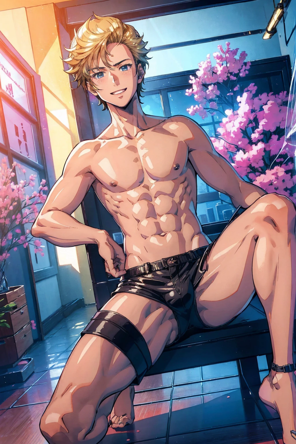 ((8K:1.2),masterpiece, Highest quality, Ultra-high resolution:1.25) beautiful boy anime face, sweet body, no muscular body, 16 old a boy, high school student boy, face and body emphasis, (gay anime hentai), tall boy, no underwear, bedroom alone, sexy pose, (blushing and smile face, shirtless body), short hair, black eyes, leather shorts, high leg string, want sex, prostitute boy, full body, crotch emphasis, crotch touching,