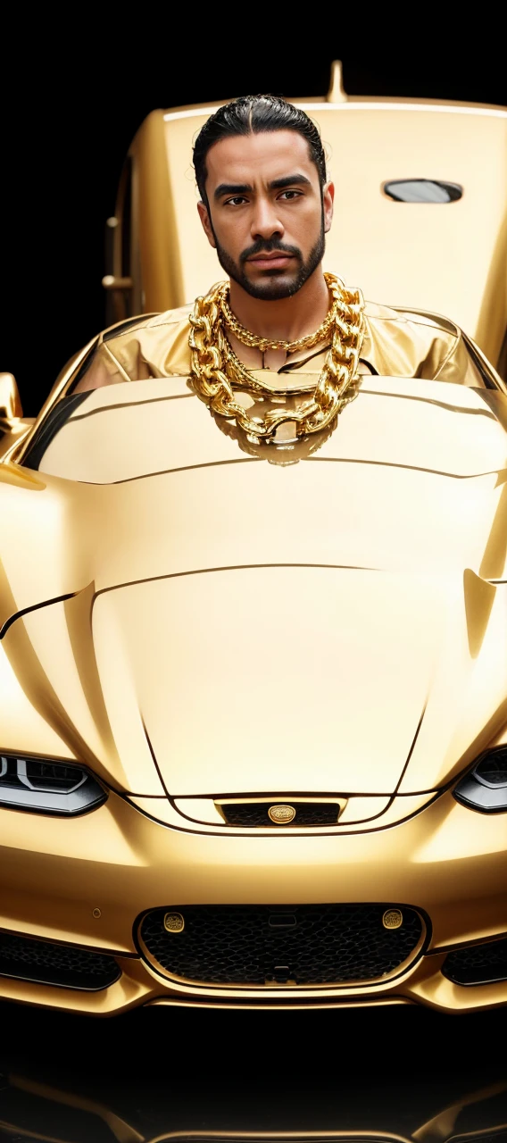 Create a background for the image provided with a golden Bugatti chiron and a chain around his neck inscribed GTMO with gold bars because he is a forex gold trader conquering the world the king of gold