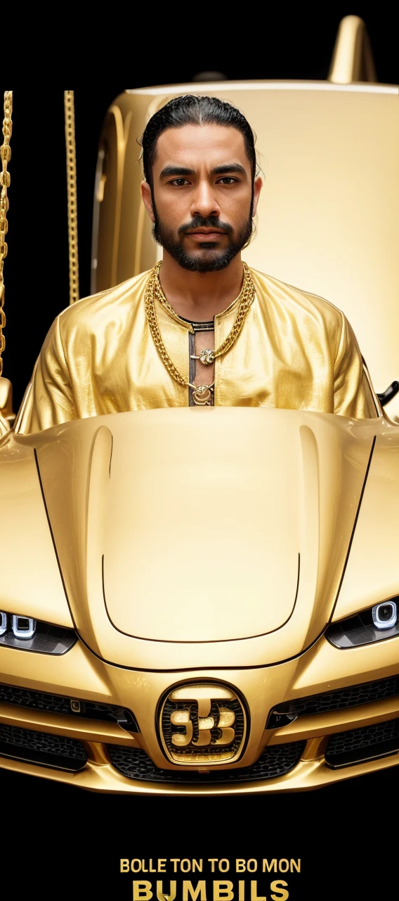 Create a background for the image provided with a golden Bugatti chiron and a chain around his neck inscribed GTMO with gold bars because he is a forex gold trader conquering the world the king of gold
