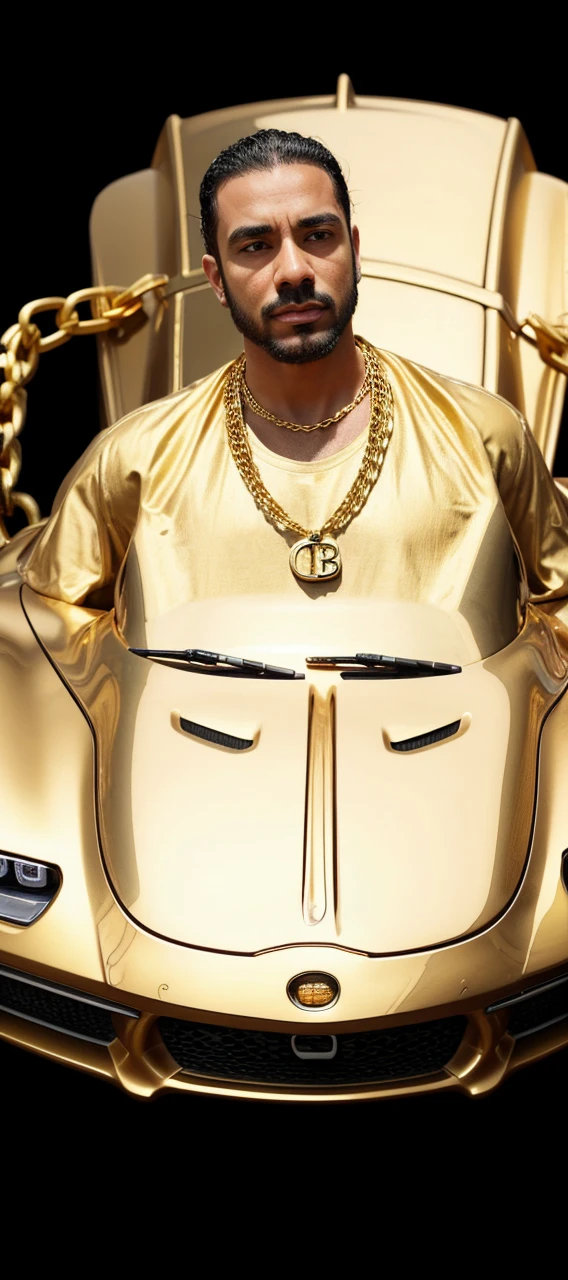 Create a background for the image provided with a golden Bugatti chiron and a chain around his neck inscribed GTMO with gold bars because he is a forex gold trader conquering the world the king of gold