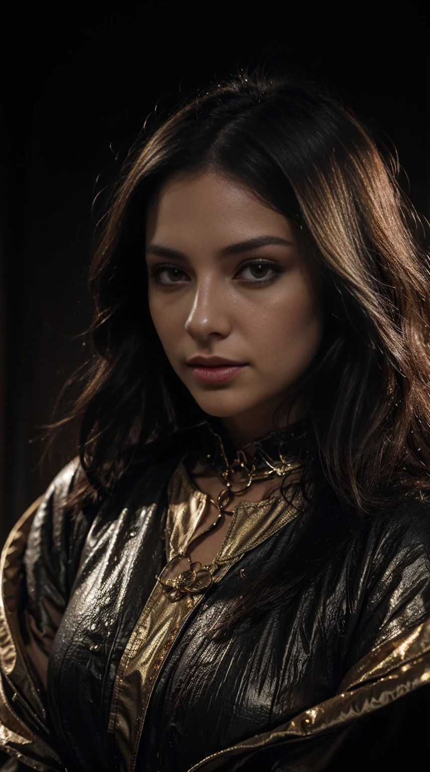 image of a very beautiful lady face enveloped in a liquid-like material, hair appears to be merging with the air around them, high contrast between the dark background and the bright, glowing texture of the material to give a feeling of emergence or transformation, monochrome shades to enhance the mysterious and intense atmosphere, red, black and gold, onyxia, metallic color palette g0s1