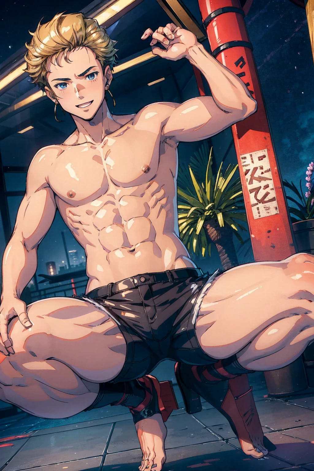 ((8K:1.2),masterpiece, Highest quality, Ultra-high resolution:1.25) beautiful boy anime face, sweet body, no muscular body, 16 old a boy, high school student boy, face and body emphasis, (gay anime hentai), tall boy, no underwear, bedroom alone, sexy pose, (blushing and smile face, shirtless body), short hair, black eyes, leather shorts, high leg string, want sex, prostitute boy, full body, crotch emphasis, crotch touching, 