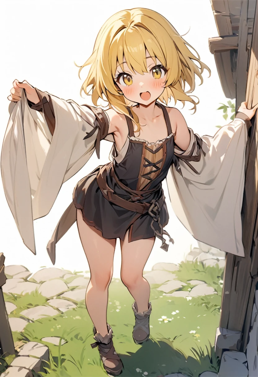 ({masterpiece}},{best quality,},white background,full body,Middle Ages,1 Girl,(14years old1:1),younger sister,Yellow hair,Lively。cute,sexy,({masterpiece}},{best quality}