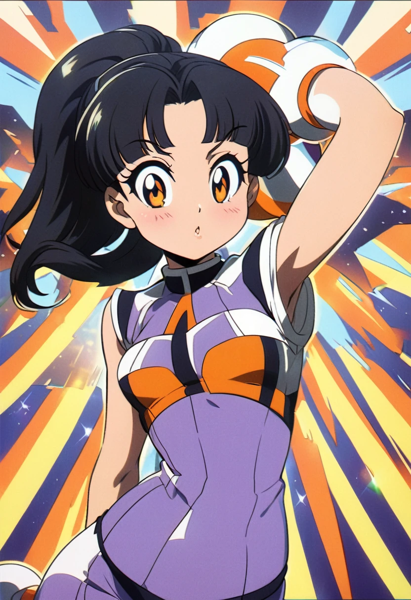 peony \(幽☆遊☆白書\), 1990s \(style\), One Girl, Black Hair, Long Hair, View your audience, ponytail, retro artstyle, Independent,Orange eyeaid clothes,Show the whole body,