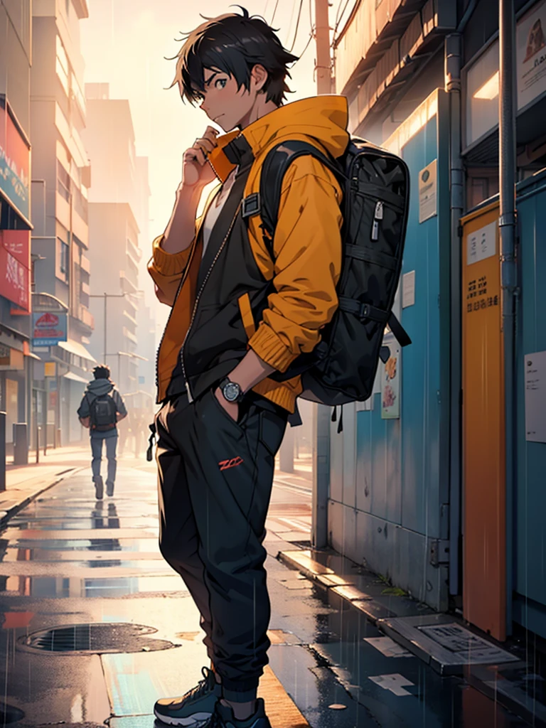 1人のboy, Jacket, rain, Outdoor, trainer, open Jacket, Lock, Backpack, Look at other people, Hair parted in the middle, Sunburned skin, boy, Shonen Focus, Art Station Trends, 8K resolution, Very detailed, Anatomically correct, Clear images, Digital Painting, Concept Art, Trending on pixiv, Makoto Shinkai style,