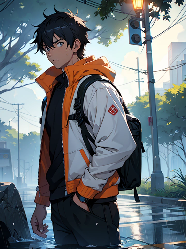1人のboy, Jacket, rain, Outdoor, trainer, open Jacket, Lock, Backpack, Look at other people, Hair parted in the middle, Sunburned skin, boy, Shonen Focus, Art Station Trends, 8K resolution, Very detailed, Anatomically correct, Clear images, Digital Painting, Concept Art, Trending on pixiv, Makoto Shinkai style,