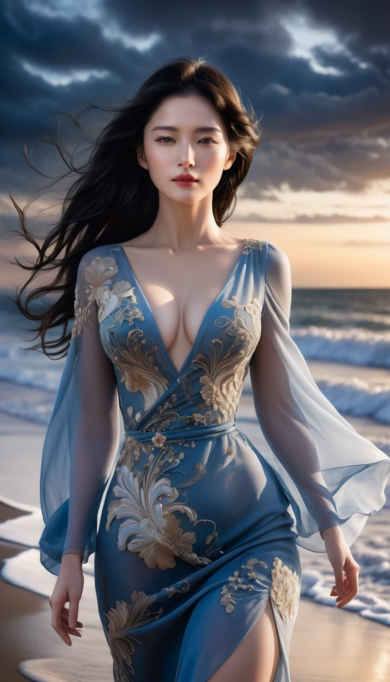 ((Masterpieces with up to 16K resolution:1.6)),Highest quality,it is really amazing,Very detailed,Ultra-high resolution,((Real:1.5)),((Realistic:1.5)),Increased depth of field,((Cinematic Light Effects:1.5)),
Elegant mature woman,Walking on the beach,
Long black hair,((Ultra-detailed and beautiful faces:1.5)),Translucent white skin,Very detailedな肌の質感,Great proportions,Anatomically correct body,
elegant beach dress,Artistic design,Beautiful and detailed pattern,Luxurious jewellery decoration,Detailed fabric texture,
Coastal landscape at dusk,Dark clouds and dark sky,delay々Continuing sandy beach, Deserted Beach,Dark sea surface,
((Dramatic Angle:1.6)),