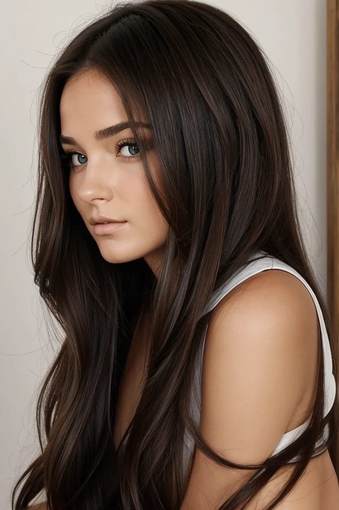 Je veux un plan de face d’une femme brune avec un haut noir. Elle se situe dans son salon seule. Que le haut de la femme doit être vu. Elle doit avoir des yeux marrons.