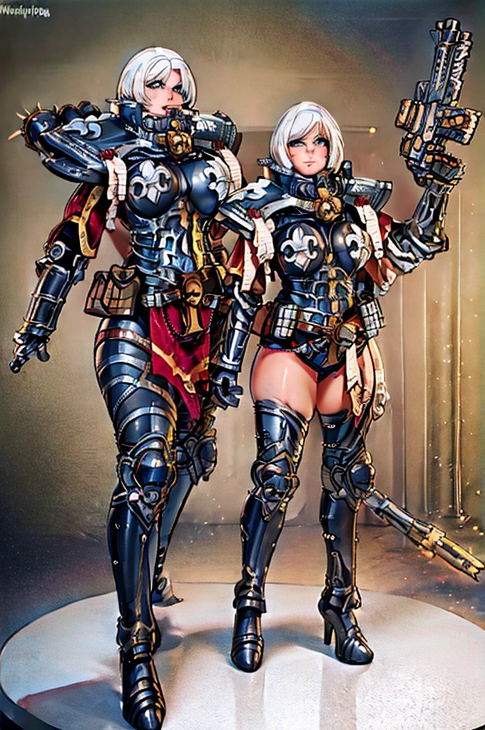 Warhammer 40K Sister of Battle, short white hair, fat and thick female sexy body, fat body, thick body, warhammer 40 000, white stockings, nude big tits, thick fat ass, only one character, no clothes, black and gold choker, heavy boltgun,