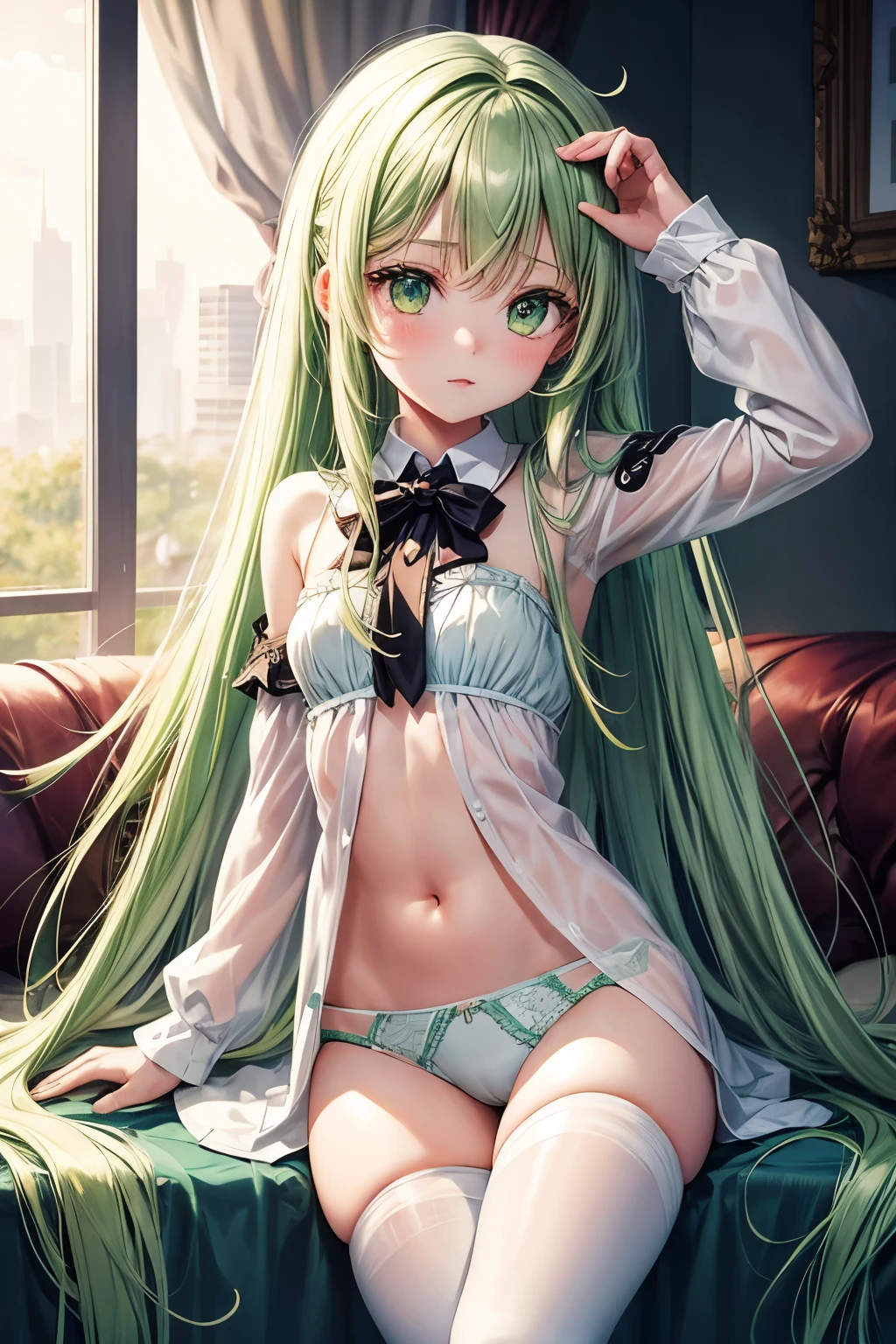 Long green hair, green eyes, li, liirl, underwear, panties, white pantyhose