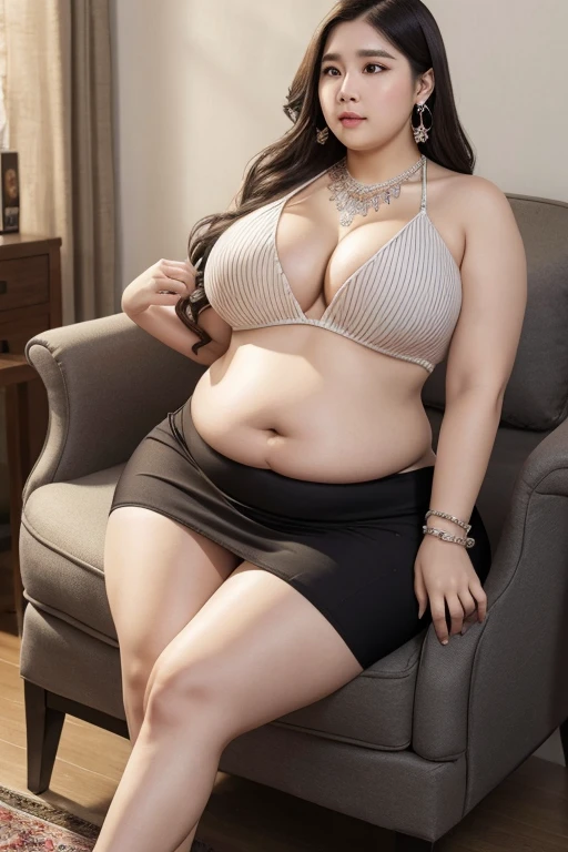 130kg, morbidly obese woman, abdominal obesity, fat belly, large belly, protruding belly, big belly, convex belly, abdominal exposure, exposed navel, mini skirt, high heel, earring, necklace, bracelet, Outer eyelid