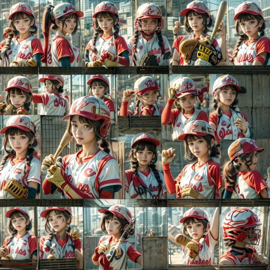 Elementary school girl baseball player、Baseball bat、Baseball uniforms、Helmet/Baseball cap、Jockstrap/Undershirt/Shorts、gloves/Baseball Mitts、(Highest quality、4K、8K、High resolution、masterpiece:1.2)、Super detailed、(Real、Photorealistic、Photorealistic:1.37)、Detailed portrait、Highly detailed face、Intricate details、Dynamic action poses、Cinematic lighting、Bright colors、Sports action scene、Warm colors、Chiaroscuro Lighting、Dramatic Shadows、Photorealisticなレンダリング