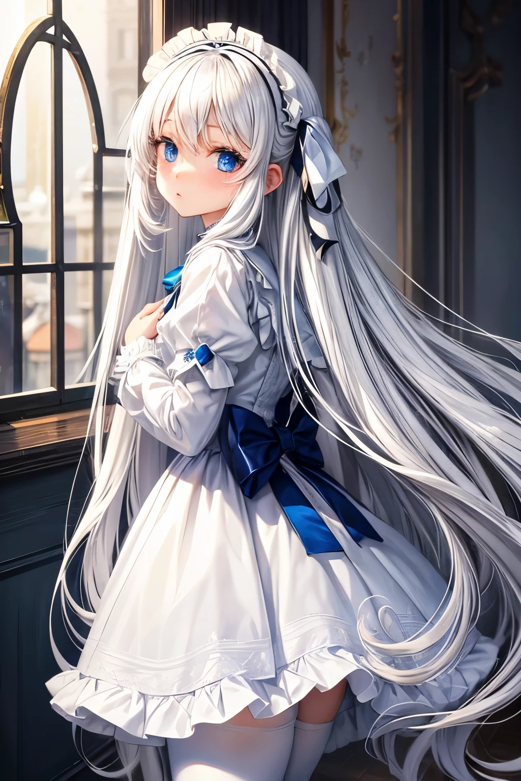 Long white hair, blue eyes, lolita, little girl, white pantyhose