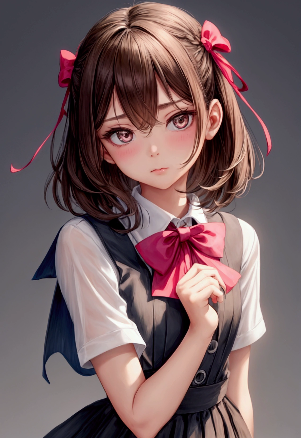 Spidergirl(extremely delicate and beautiful: 1.2), 1 girl, fashion girl, hits, pretty eyes, bow, Brown hair, Closed mouth, Oblique, hair between the eyes, hair bow, short sleeves, looking at the viewer, medium hair, Alone, Upper part of the body, school uniform: 1.3, ((Alone)), (Masterpiece), rubio