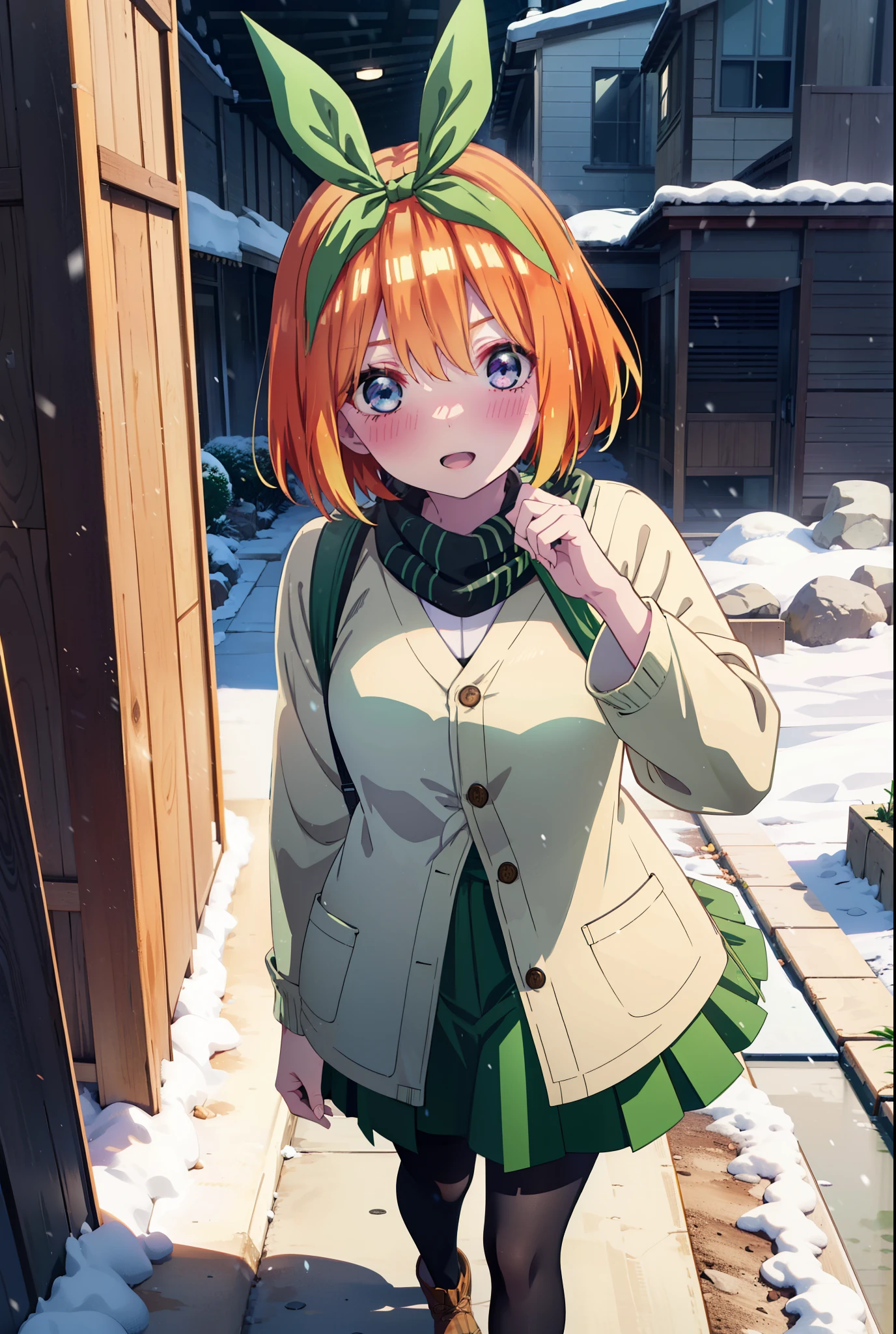 Yotsubanakano, Yotsuba Nakano, bangs, short hair, blue eyes, Hair between the eyes, hair ribbon, hair band, Orange Hair, (Green ribbon:1.5), smile, Hair between the eyes,blush, Open your mouth,White Breath,scarf,Green neck long coat,V-neck sweater,Long skirt,Black Pantyhose,short boots,Standing leaning against a wall,Snow is piling up,that'it's snowing,whole bodyがイラスト入るように,Hiding in a roofed building,
break outdoors, construction area,
break looking at viewer, whole body,
break (masterpiece:1.2), Highest quality, High resolution, unity 8k wallpaper, (shape:0.8), (Beautiful attention to detail:1.6), Highly detailed face, Perfect lighting, Extremely detailed CG, (Perfect hands, Perfect Anatomy),