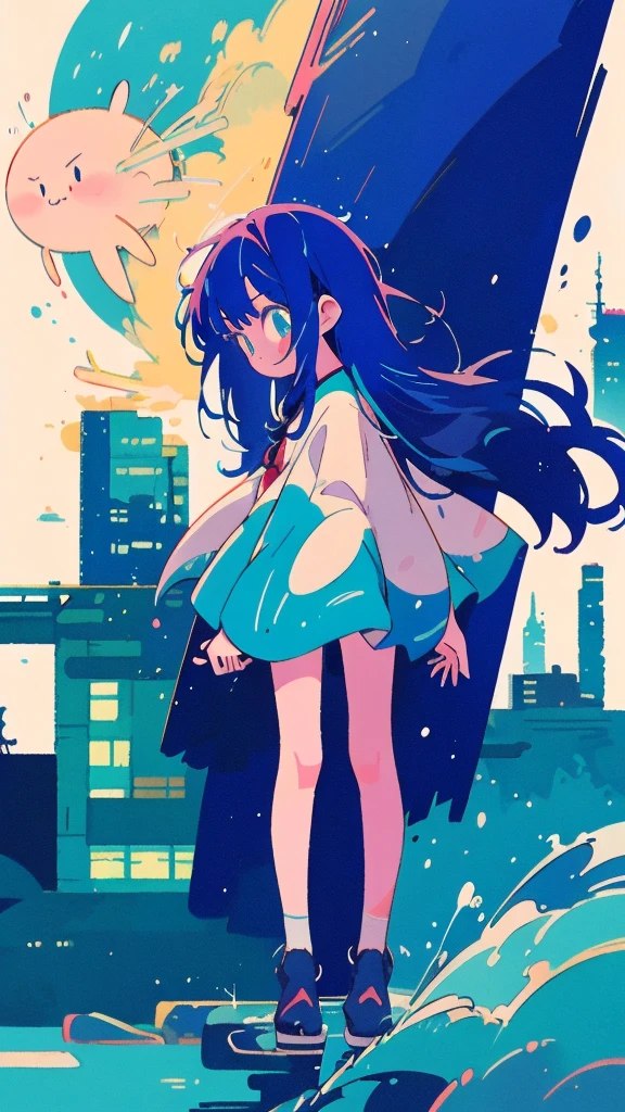 Blue-haired long hair，Design clothing，Seven-doppelganger shot，Anime style 4K，Anime girl with teal hair，High quality anime art style，Standing painting，Splash ink background，Blue Themes、Pure white background,Buildings,Face close-up,Buildings,Moon and sun、Long legs, whale flying in the sky