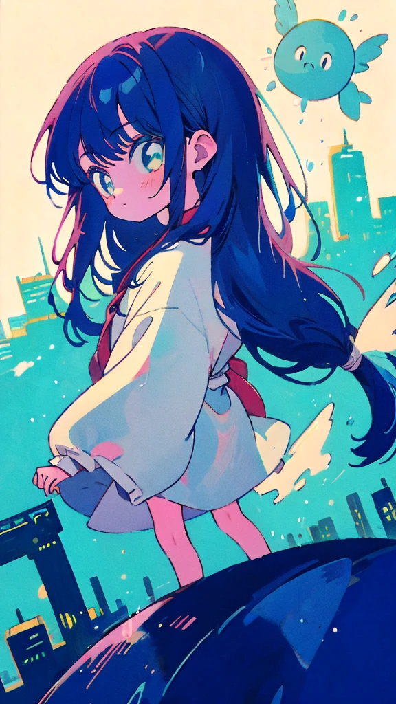 Blue-haired long hair,Design clothing,Seven-doppelganger shot,Anime style 4K,Anime girl with teal hair,High quality anime art style,Standing painting,Splash ink background,Blue Themes、Pure white background,Buildings,Face close-up,Buildings,Moon and sun、Long legs, whale flying in the sky